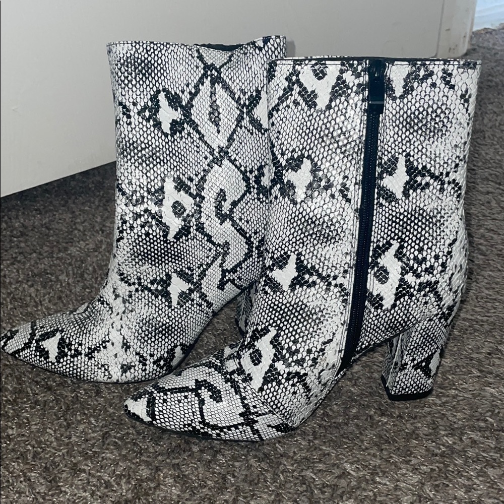 Women's Black and White Snake Print Ankle Boots
